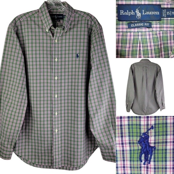 Polo Ralph Lauren Men's Medium Oxford Green Pink Plaid Long Sleeve Button Up - Picture 1 of 8